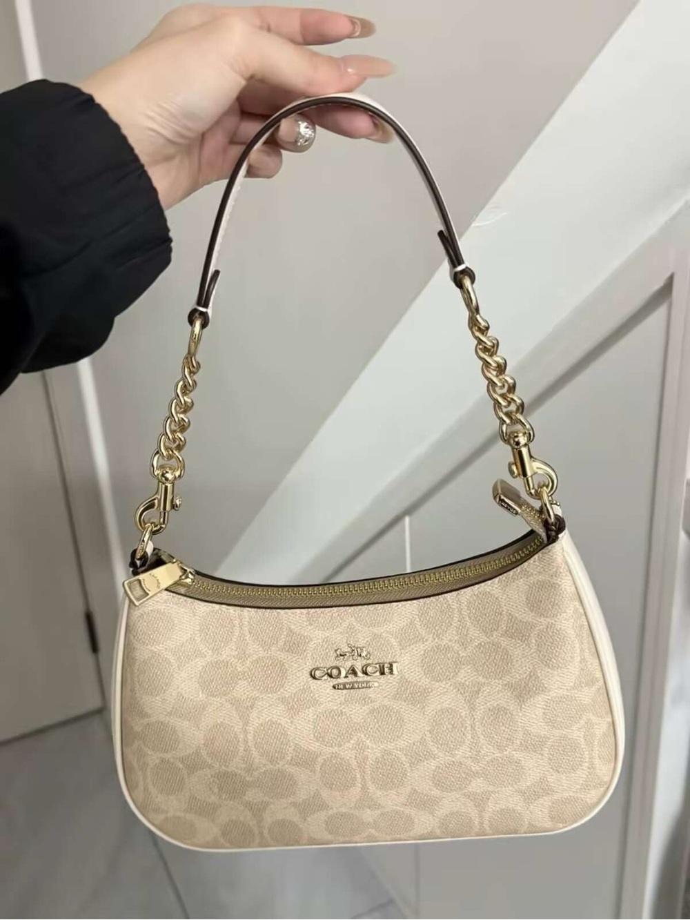 Coach Beige Signature Canvas Shoulder Bag with Gold Hardware